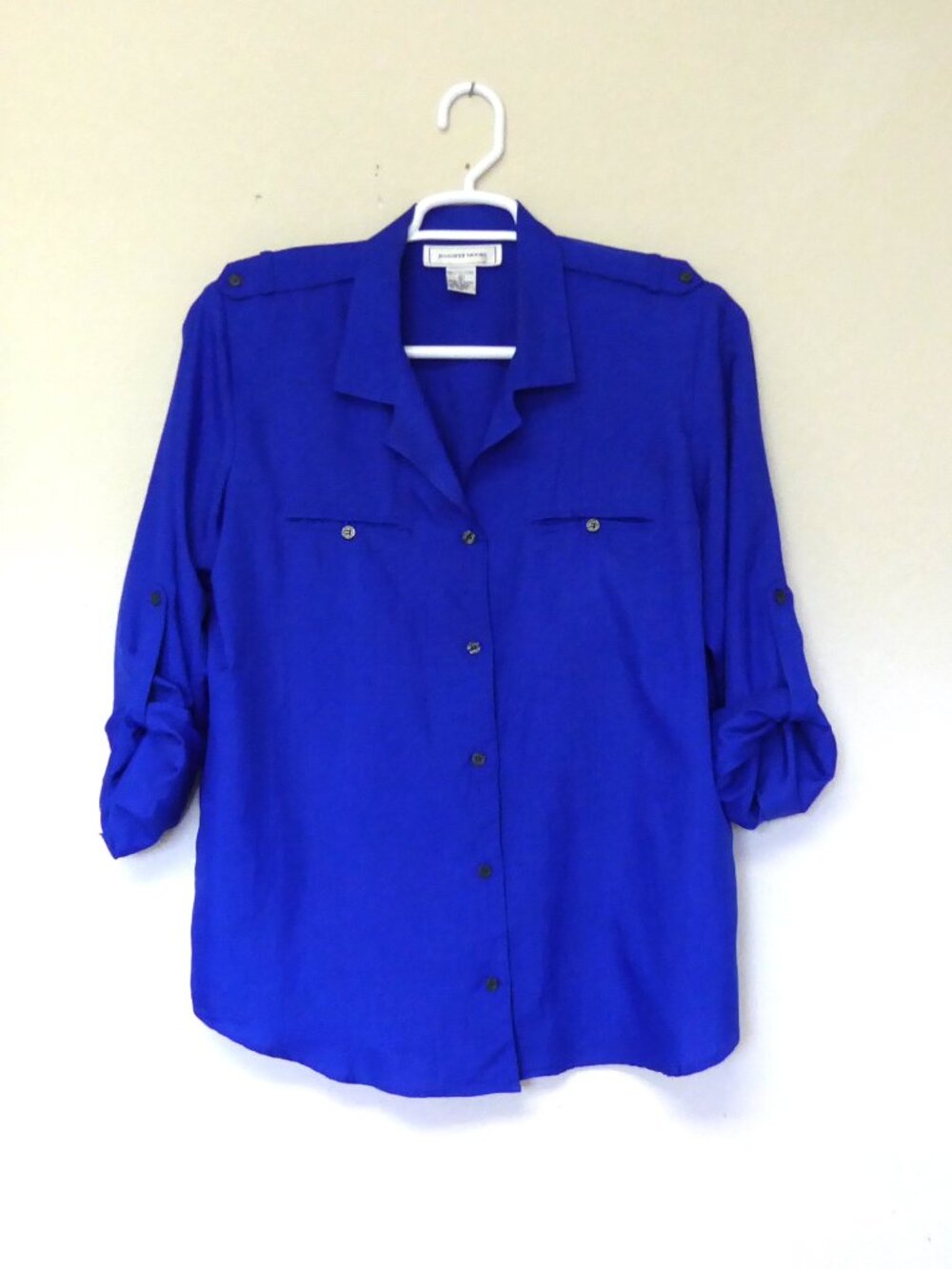 Vintage 1990s Jennifer Moore bright blue crinkle button up blouse size 12